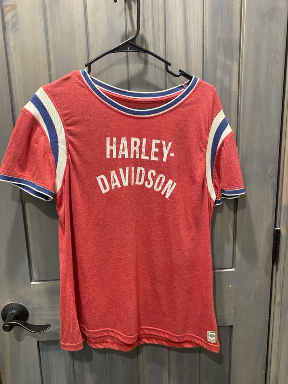 Harley-Davidson Red Tee with Blue & White Stripe Accents